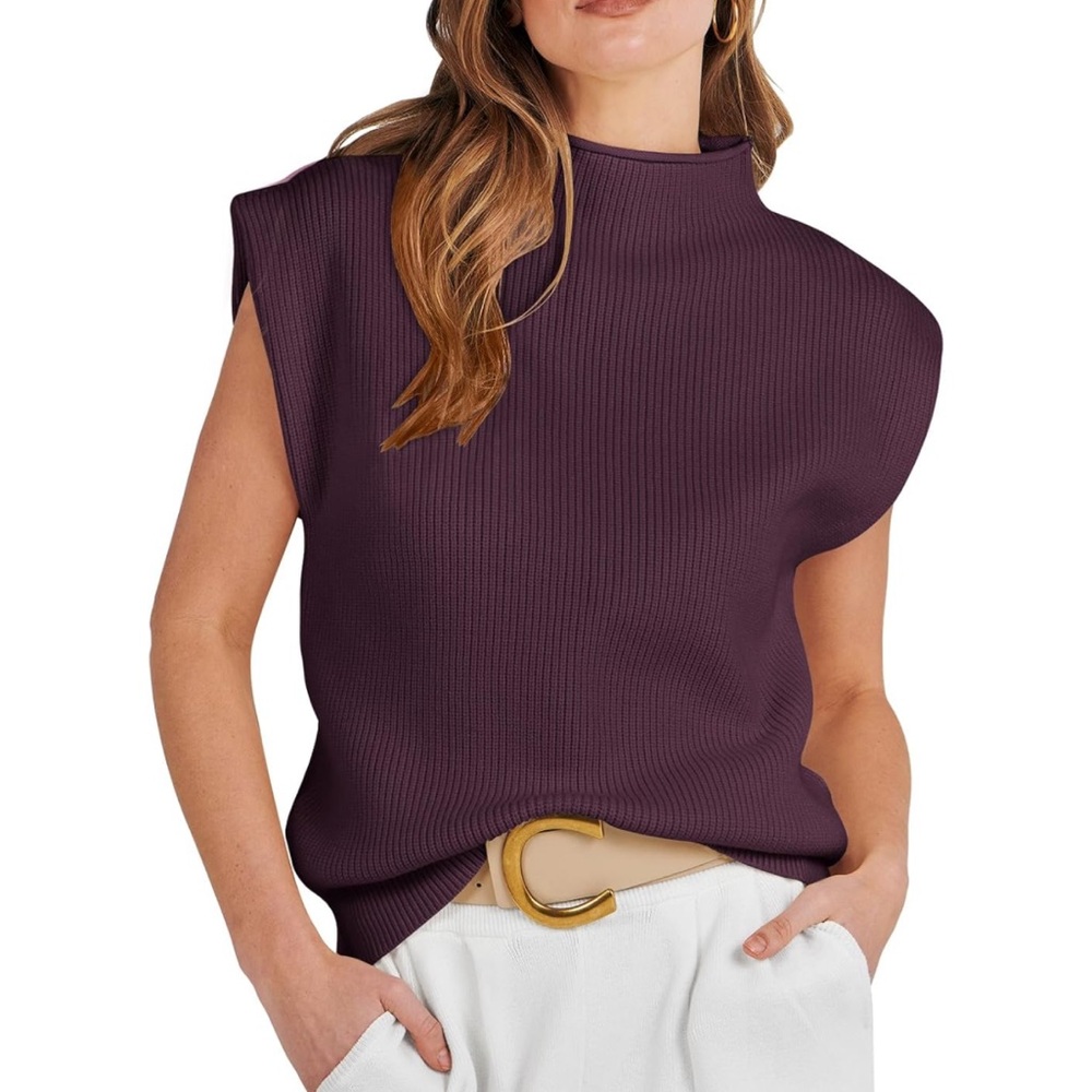 Women’s Mock Neck Knit Sweater Sleeveless Ribbed Top Deep Purple Wine Red